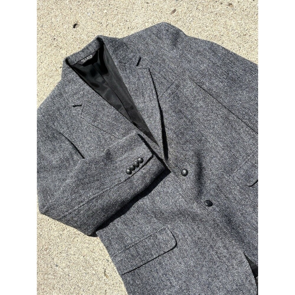 Jos A Bank Harris Tweed Blazer Mens 44R Gray Wool Herringbone Leather Button